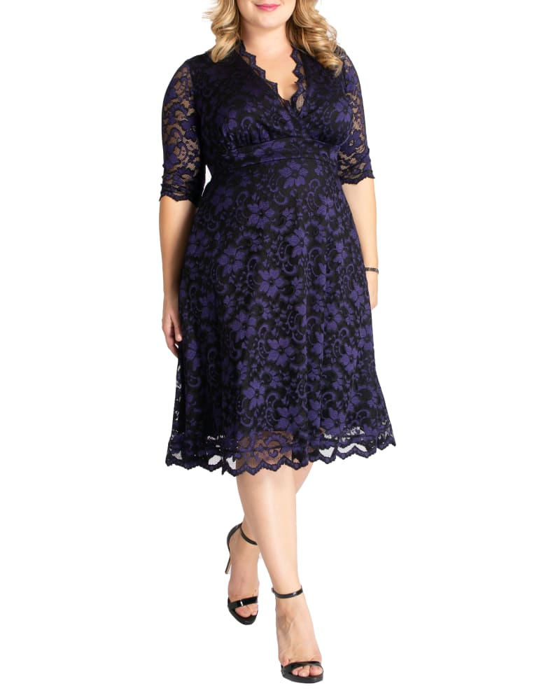 Side of a model wearing a size 0X Mon Cherie Lace Dress in VIOLET NOIR by Kiyonna. | dia_product_style_image_id:272198